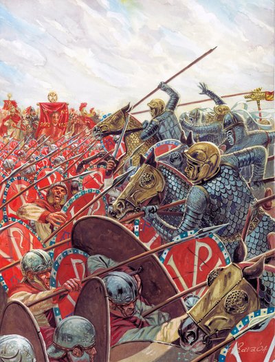 Antiquité romaine : Bataille du pont Milvius le 28/10/312 entre Constantin et Maxence près de Rome, Italie - Bataille du pont Milvius entre les empereurs romains Constantin Ier et Maxence le 28 octobre 312 près de Rome - Illustration de Giuseppe Rava - Giuseppe Rava