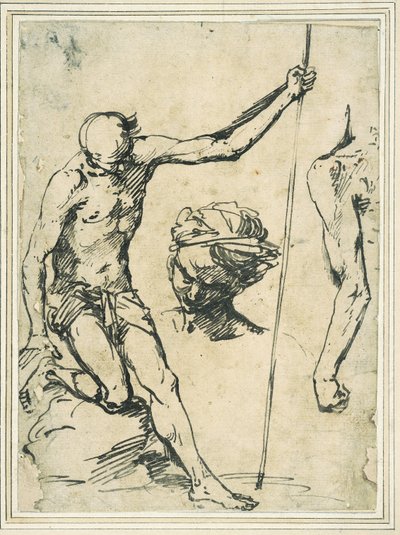 Études de figures : homme tenant un poteau, tête d
