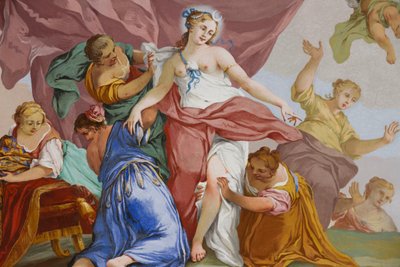 Représentations du mythe de Diane, par Domenico et Giuseppe Valeriani, fresque, plafond voûté de la chambre, résidence de chasse, par Filippo Juvarra, Stupinigi, Piémont, Italie - Giuseppe and Valeriani Domenico Valeriani