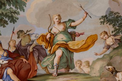 Représentations du mythe de Diane, par Domenico et Giuseppe Valeriani, fresque, plafond voûté de la chambre, appartement du roi, résidence de chasse, par Filippo Juvarra, Stupinigi, Piémont, Italie - Giuseppe and Valeriani Domenico Valeriani