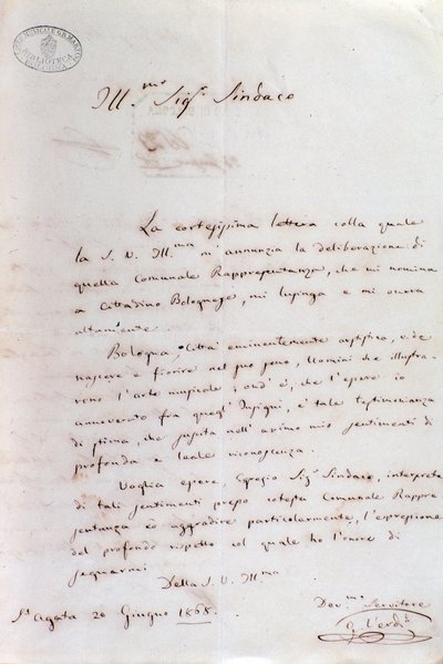 Lettre manuscrite de Giuseppe Verdi au maire de Bologne lorsqu