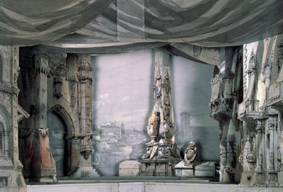 Place devant la cathédrale de Valladolid, Acte III, Scène IV, décor de Charles Campon pour Don Carlos de Giuseppe Verdi, représentation à Paris, Salle Le Peletier, 11 mars - Giuseppe Verdi