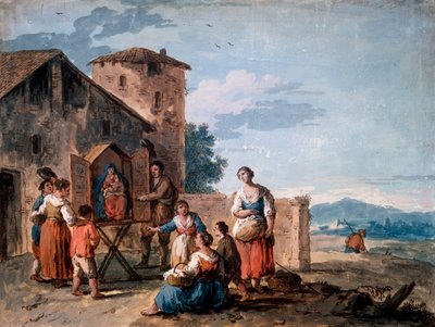 Un groupe de paysans devant le tabernacle avec la statue de la Madone debout, vers 1750 - Giuseppe Zais