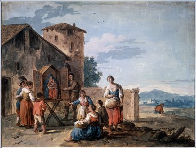 Un groupe de paysans devant un autel avec une statue de la Vierge - Giuseppe Zais