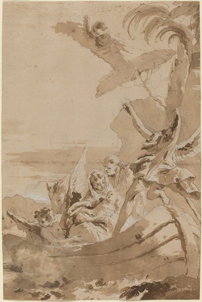 La fuite en Égypte avec la Sainte Famille et deux anges dans une barque - Giustino Menescardi