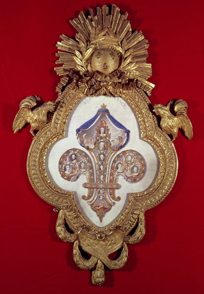 La Fleur de France, arbre généalogique avec treize portraits de Louis XV (1710-74) et ses descendants dans un cadre en forme de fleur de lys, 1765 (or et émail) - Glokeur de Surchamps