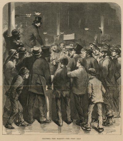 Columbia Fish Market - la première vente (gravure) - Godefroy Durand