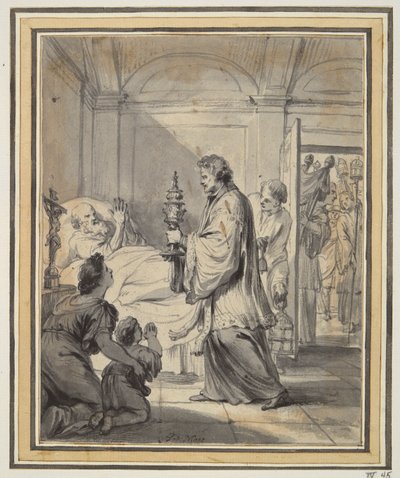 Homme sur son lit de mort avec prêtre et autres - Godfried Maes