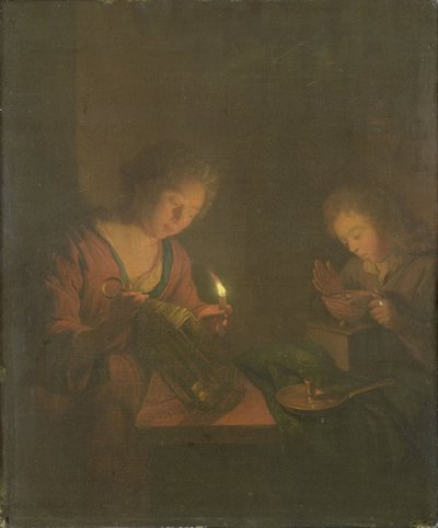 Feu et lumière (Une fille place une bougie dans une lanterne et un garçon souffle sur les braises dans un brasero) - Godfried Schalcken (attributed to)