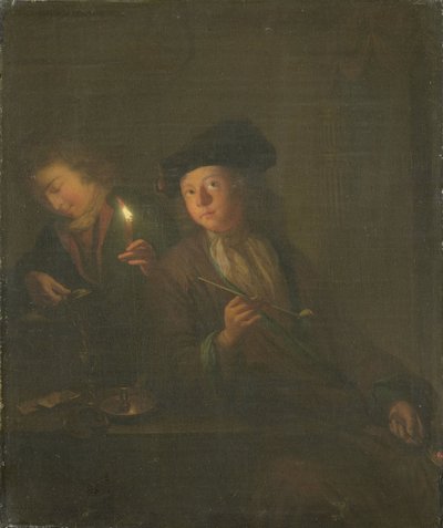 Le fumeur (un homme avec une pipe et un homme versant une boisson dans un verre) - Godfried Schalcken (attributed to)