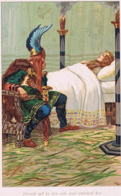 Harald assis à ses côtés et la regardant, illustration de 