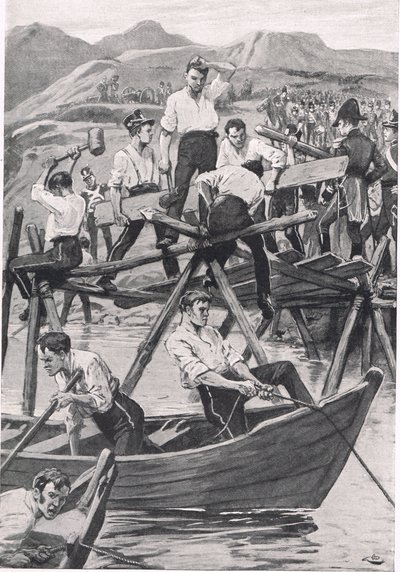 La construction du pont sur le Guadiana, 3 avril 1811, illustration de 