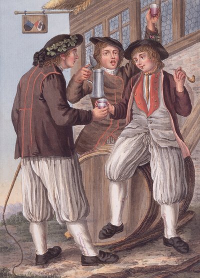 Les trois Bacchus, paysans en costume de la ville de Morat, Suisse (lithographie) - Gottfried (after) Locher