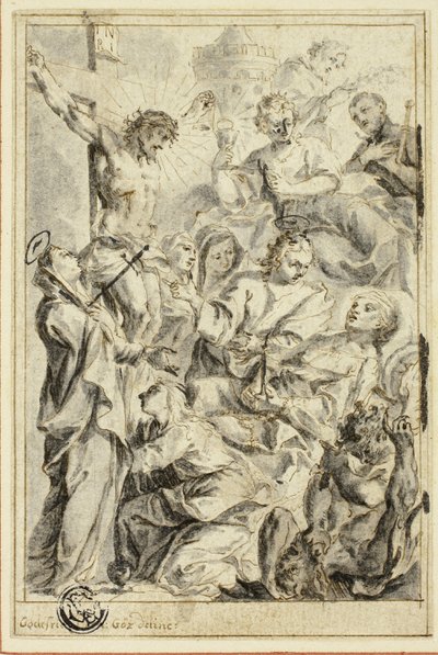 Le mourant consolé par le Christ en croix, la Vierge et les saints - Gottfried Bernhard Goetz