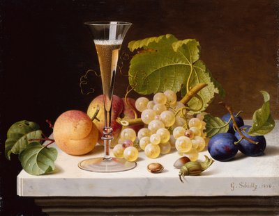 Raisins, pêches, prunes, noix et un verre de champagne sur une corniche en marbre - Gottfried Schultz