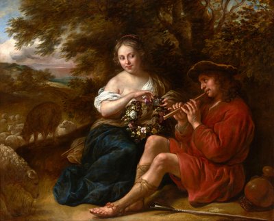 Néerlandais : Bergère écoutant un berger jouant de la flûte dans un paysage arcadien Elegant Shepherdess Listening to a Shepherd Playing the Recorder in an Arcadian Landscape (Bergère écoutant un berger jouant de la flûte dans un paysage arcadien) - Govert Flinck