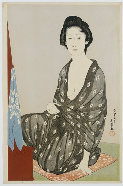 Une beauté en kimono noir avec des motifs hanabishi blancs, assise devant un miroir, 1920 - Goyo Hashiguchi