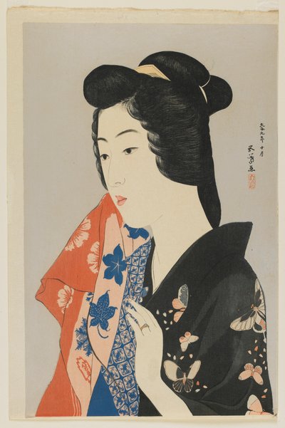 Femme tenant une serviette, ère Taisho, octobre 1920 - Goyo Hashiguchi