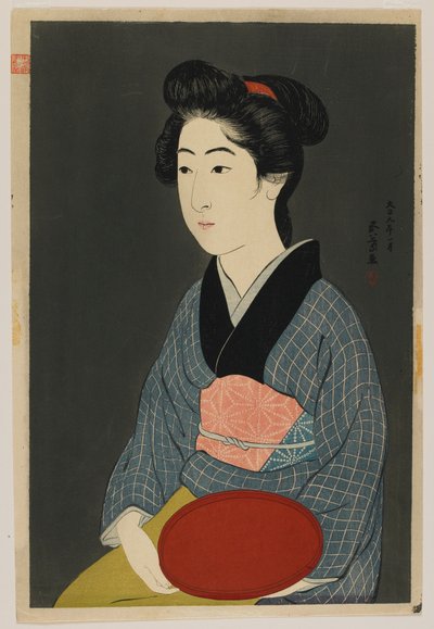 Femme tenant un plateau, époque Taisho, janvier 1920 - Goyo Hashiguchi
