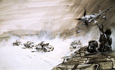 Un convoi de cinq poids lourds traversant la mer de sable égyptienne est attaqué par un avion ennemi (gouache sur papier) - Graham Coton