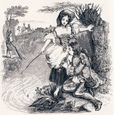 Les poissons et le berger qui joue de la flûte - Fables de La Fontaine - Grandville