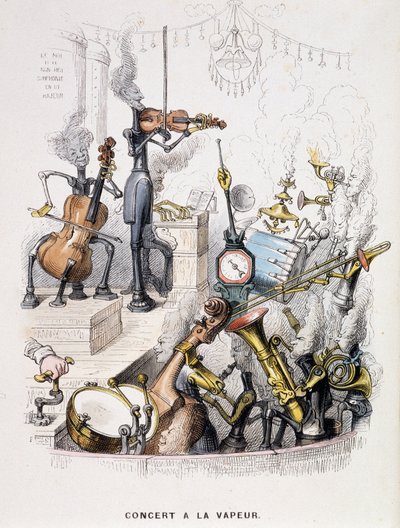 Musiciens transformés en machines et donnant un "Concert à la vapeur" - dans "Un autre monde" par Grandville, fin du 19e siècle. - Grandville