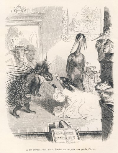 Opéra avec sur scène un porc-épic, un chien et un héron. Vignettes illustrées par JJ Granville. Gravure signée Godard dans "Le premier feuilleton de Pistolet" écrit par Jules Janin dans "Scènes de la vie privée et publique des animaux" - Grandville