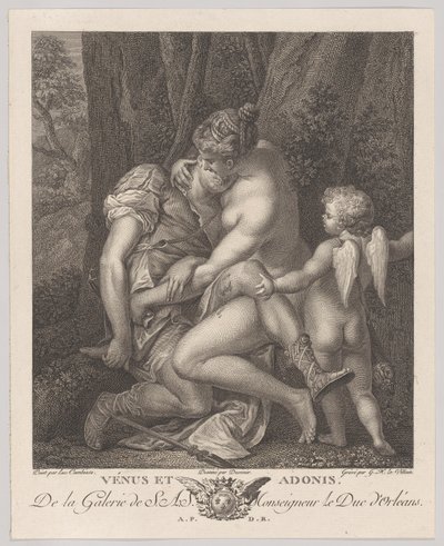 Vénus pleurant Adonis, assise sous un arbre et l