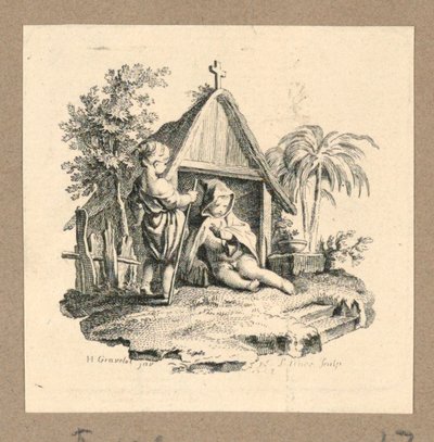 Deux figures devant une structure avec croix - Gravelot