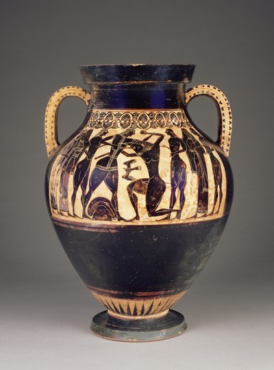 Amphore attique à figures noires attribuée à Lydos avec Thésée tuant le Minotaure, 550-40 av. J.-C. - Greek