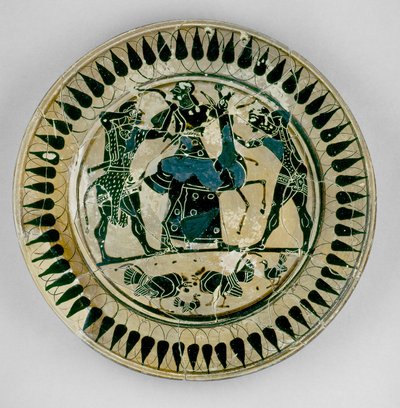 Assiette à figures noires attiques décorée d