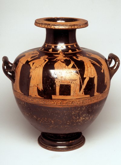 Peinture sur vase : Représentation de Jupiter (Zeus) trônant au centre. Au-dessus de sa tête apparaît Athéna, toute armée (naissance d