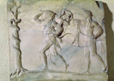 Tablette représentant Hercule emportant le trépied delphique devant Apollon - Greek