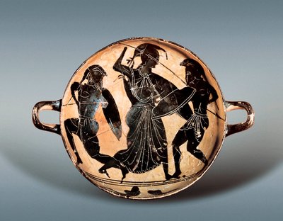 Guerre de Troie : Déesse Athéna luttant entre Hector et Achille. 6ème siècle av. J.-C. Kylix (coupe à boire) avec figures noires en céramique, Musée archéologique de Catalogne, Barcelone. - Greek