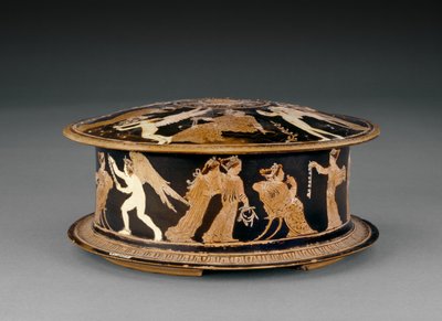 Pyxis à figures rouges attiques décorée de femmes et d