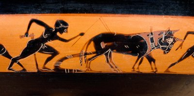 Travail des champs dans la Grèce antique. Coupe à pentic bande avec figures noires connue sous le nom de "coupe des travaux des champs" (vers 530 av. J.-C.) Paris. Musée du Louvre - Greek School