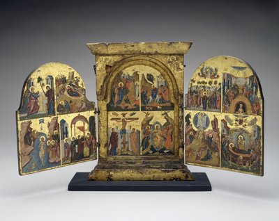 Résurrection de Lazare; Entrée à Jérusalem; Crucifixion; Descente du Christ aux Enfers (panneau central) - Greek School