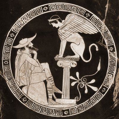 Œdipe répondant aux questions du sphinx à Thèbes, Ve siècle av. J.-C. - Greek School
