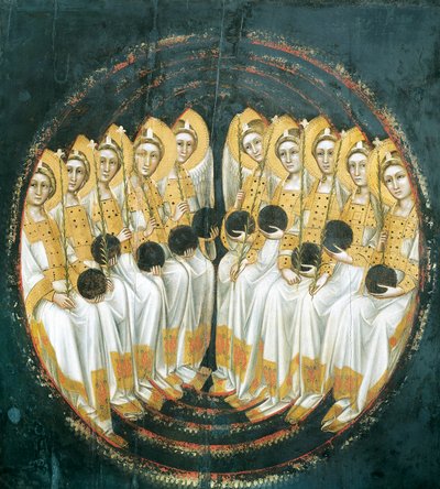 Anges assis avec des orbes dans leurs mains - Guariento di Arpo