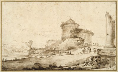 Paysage avec une colonne brisée, un château et de nombreuses figures au premier plan à droite - Guercino