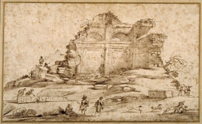 Paysage avec des ruines classiques et un jeune homme attaqué par des chiens - Guercino