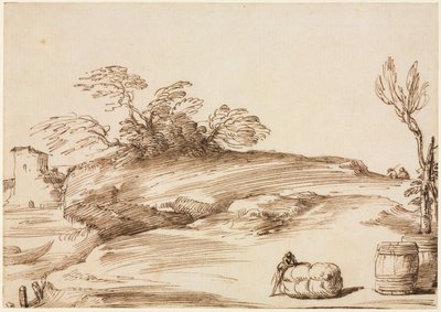 Paysage avec un homme appuyé sur une balle, vers 1640 - Guercino