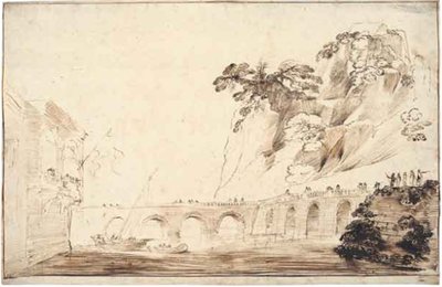 Paysage avec une rivière traversée par un pont, bordée de spectateurs, menant à un bâtiment avec une loggia surplombante avec une fête de spectateurs - Guercino