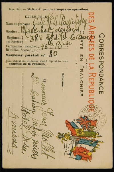 Carte postale autographe à Jean Mollet, datée du 16 septembre 1915 - Guillaume Apollinaire