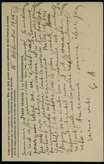 Carte postale autographe à Jean Mollet, datée du 16 septembre 1915 - Guillaume Apollinaire