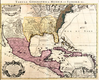 Carte du Mexique et de la Floride (USA) avec les îles des Caraïbes (Cuba, Haïti, Jamaïque, Antilles) (gravure) - Guillaume Delisle
