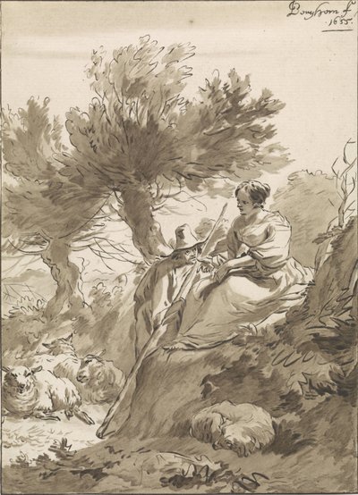 Paysage avec berger et bergère et leurs moutons - Guillaume Saint