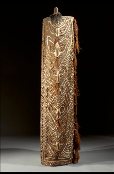Bouclier rectangulaire incurvé Sepik, le devant avec une bande centrale de cinq masques, chacun avec une fibre dans le septum percé, dans un panneau de zigzags sculptés (bois, plumes et raphia) - Guinean New