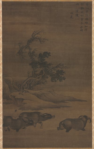 Garçons de troupeau et buffles dans un paysage - Guo Min