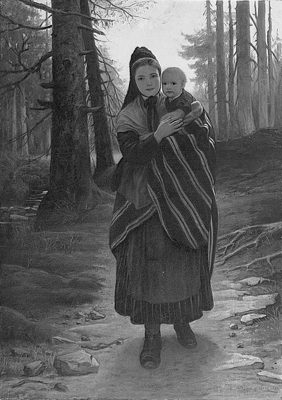 Mère et enfant sur un chemin boisé - Gustav Adolph Spangenberg